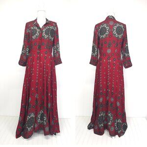 Aratta Red Handkerchief Print Maxi Shirt Dress Duster Boho Long Sleeve
